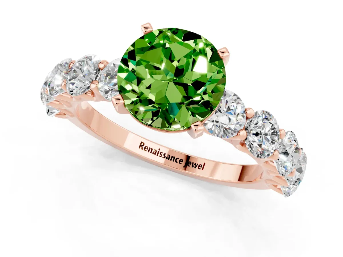 Round Cut Peridot Prong Setting with Side Stones on a Pave Band Rose gold