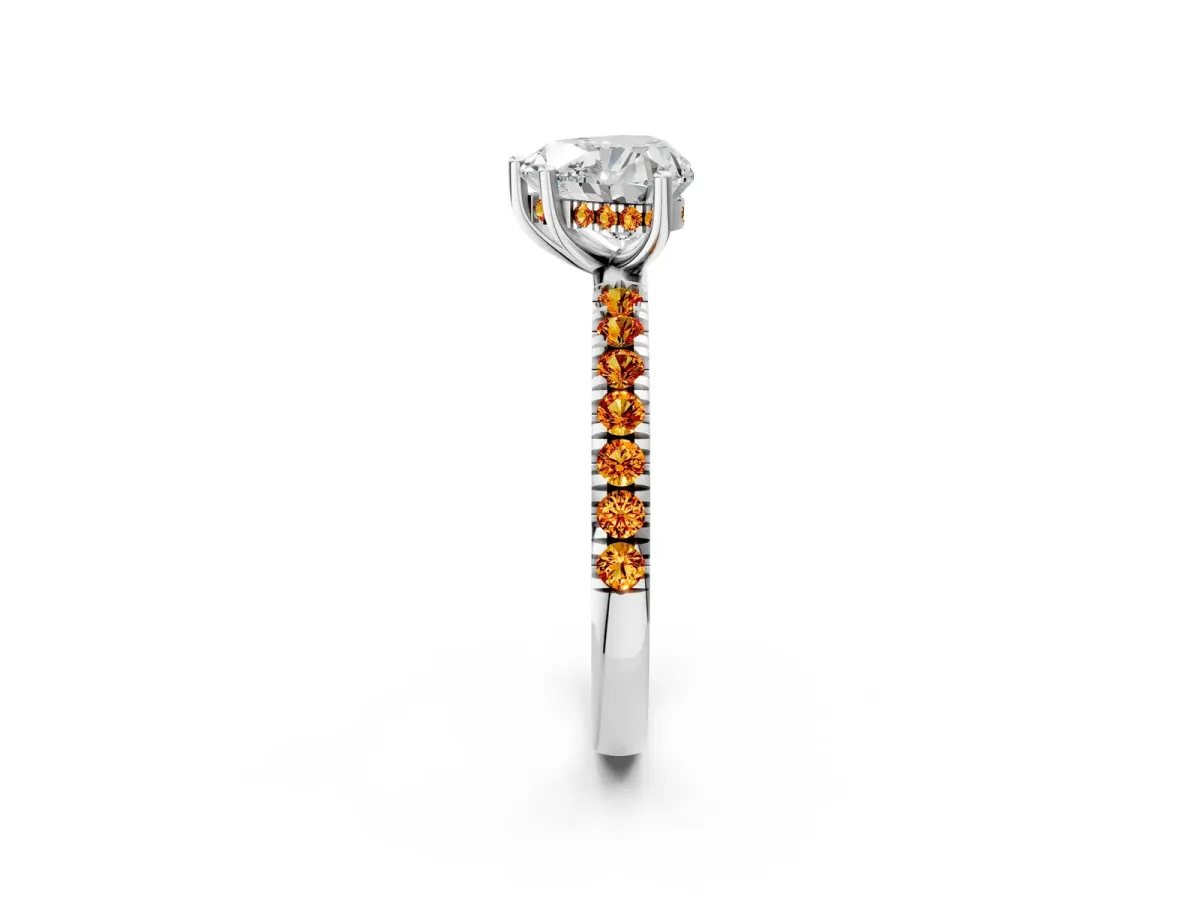 Heart Cut Diamond Pave Band Solitaire Ring with Round Citrine and Prong Setting Silver