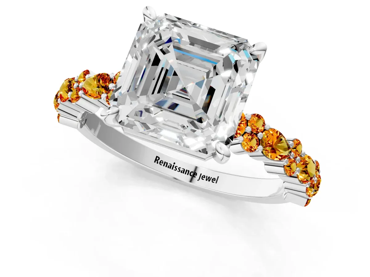 Asscher Cut Diamond Side Stone Solitaire Ring with Round Citrine and Four-Prong Setting Platinum