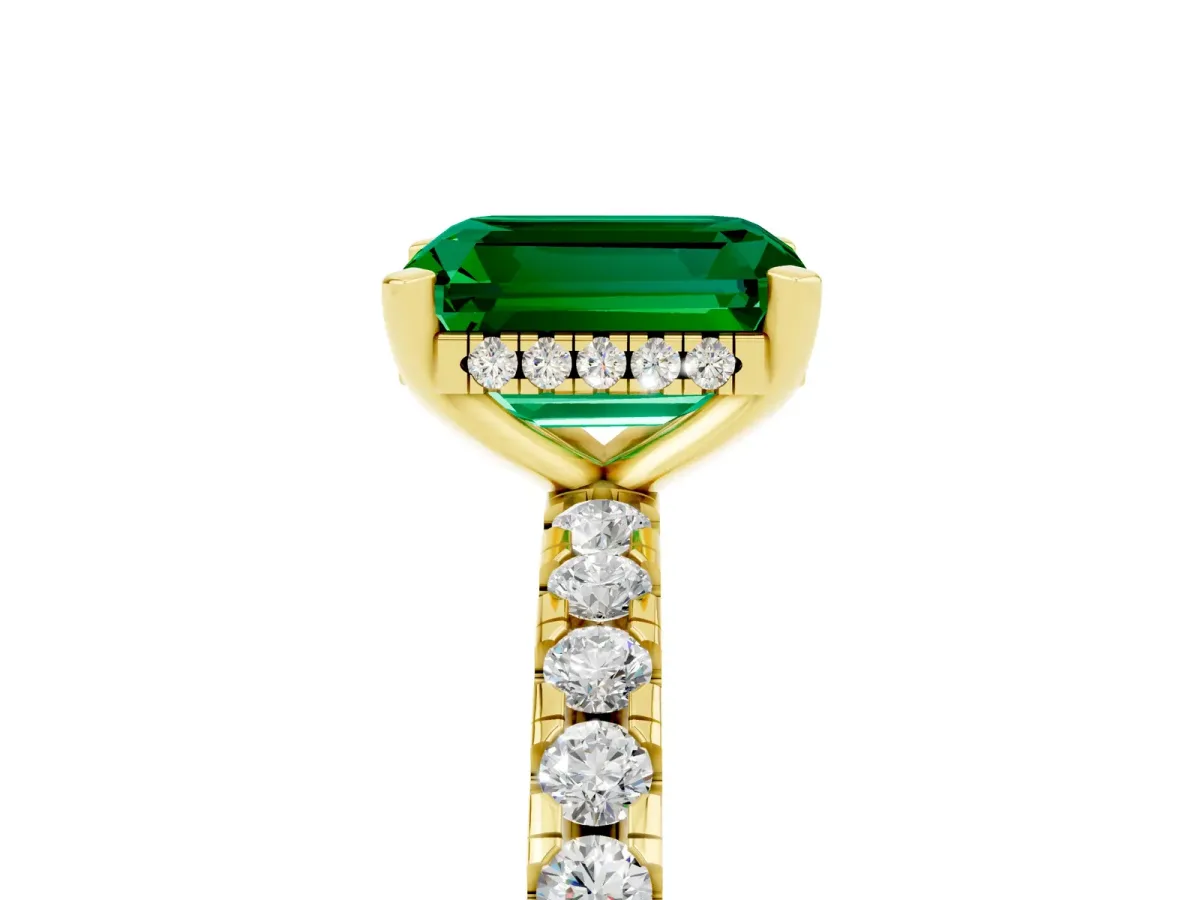 Emerald Cut Emerald Solitaire Ring with Round Pavé Band and Four-Prong Setting Yellow gold