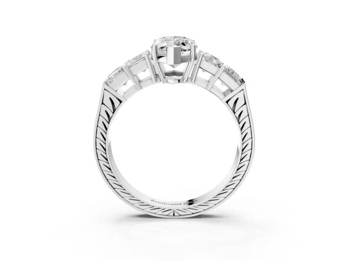 Marquise Cut Solitaire Princess Side Stone Engraved Band Prong Setting Ring Silver