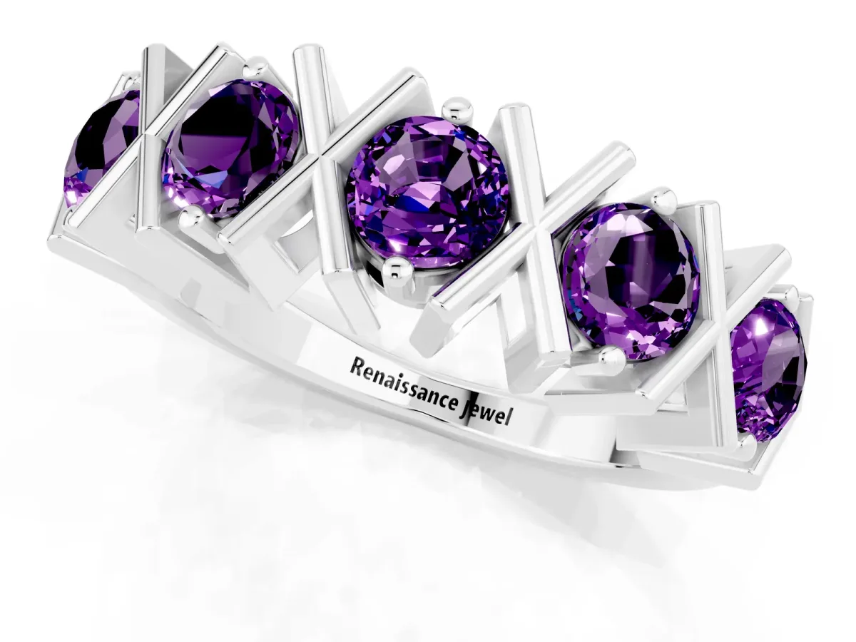 Round Amethyst Channel Set Band with X-Prong Detail Silver