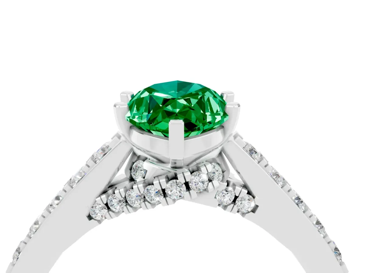 Marquise Cut Emerald Solitaire Ring with Crossover Gallery and Round Pavé Band Silver