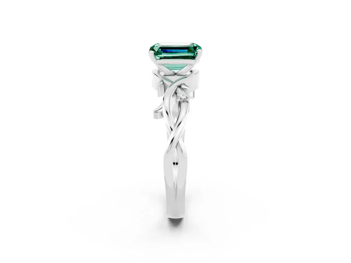Emerald Cut Green Sapphire Solitaire Ring with Twisted Band and Prong Setting Platinum