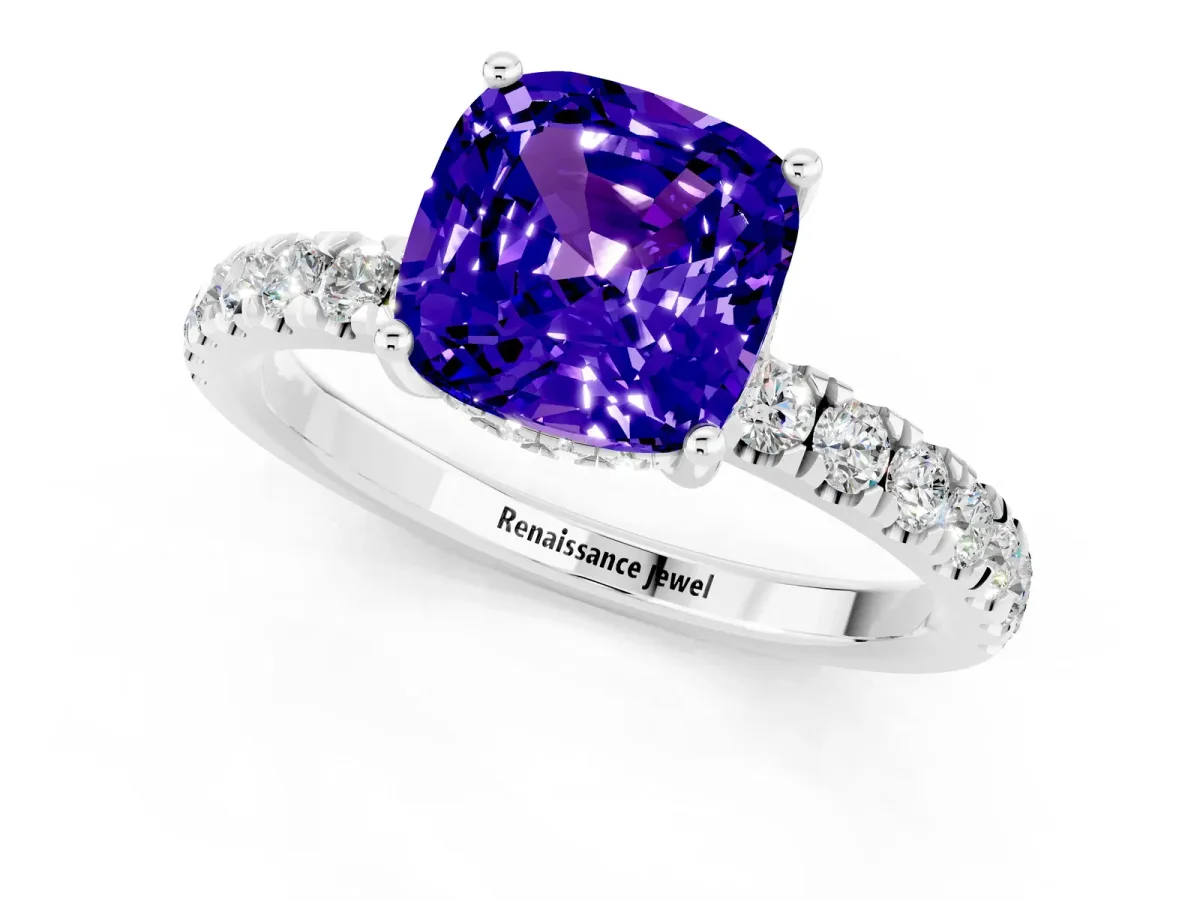 Cushion Cut Tanzanite Pave Band Solitaire Ring with Round and Prong Setting Silver