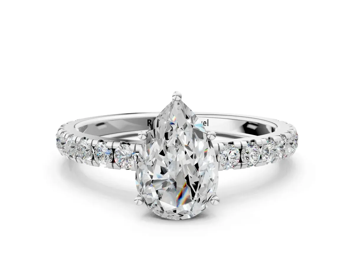 Pear Cut Diamond Pavé Solitaire Engagement Ring with Four-Prong Setting Silver