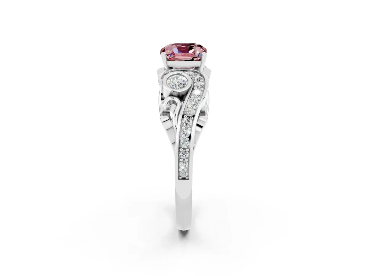 Cushion Cut Morganite Solitaire Ring with Milgrain Pavé Band and Four-Prong Setting Silver
