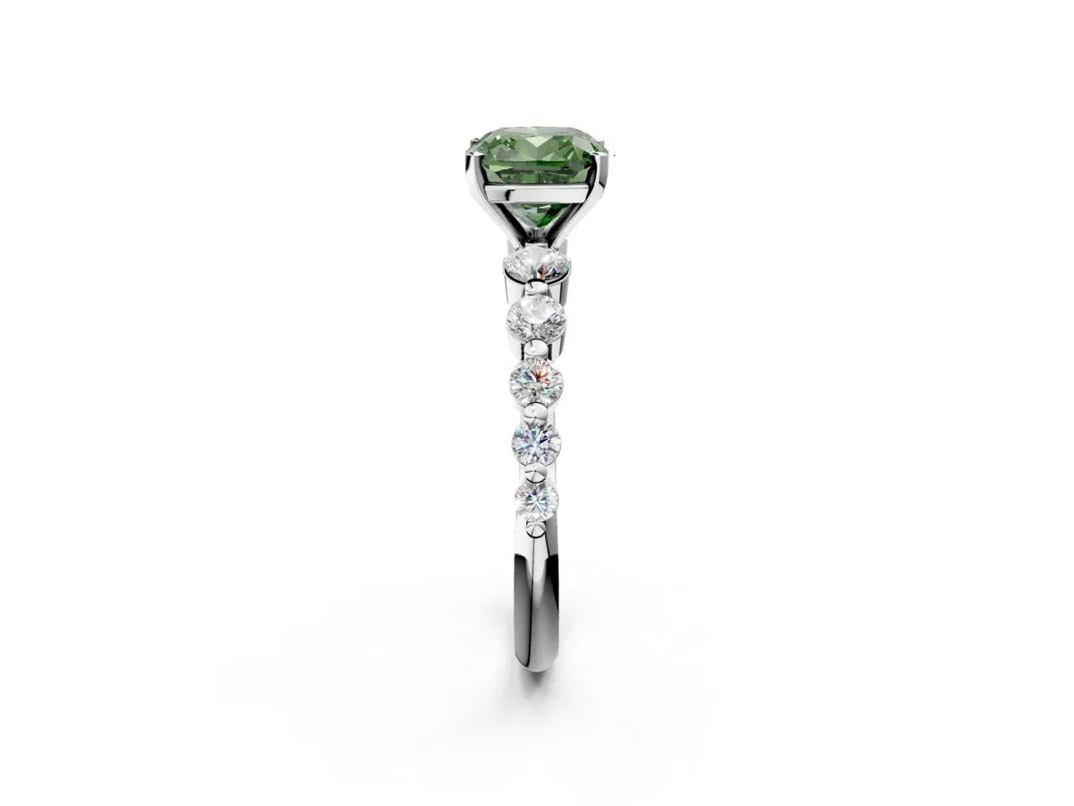 Fancy Green Cushion Cut Solitaire Diamond Ring with Pave Band and Four-Prong Setting Silver