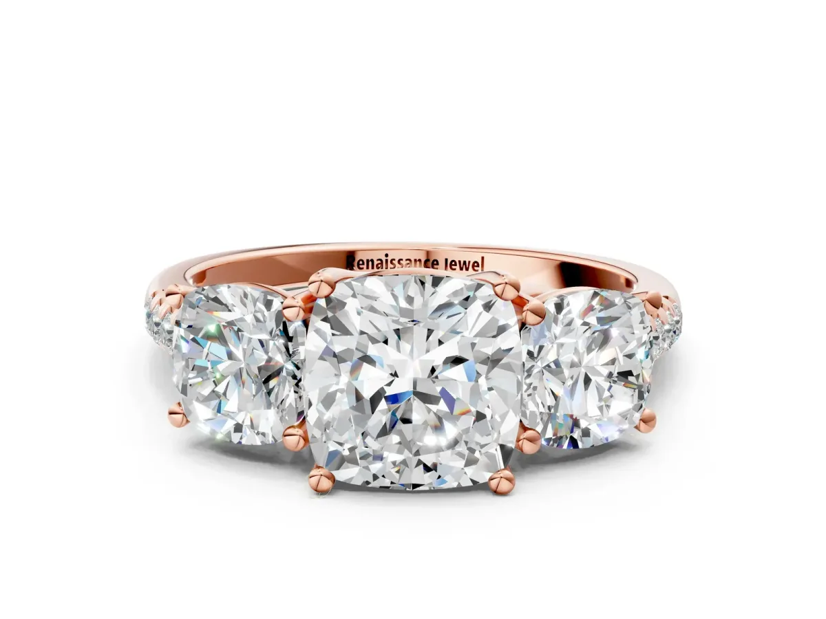 Three-Stone Cushion Cut Diamond Ring with Round Pavé Band and Prong Setting Rose gold