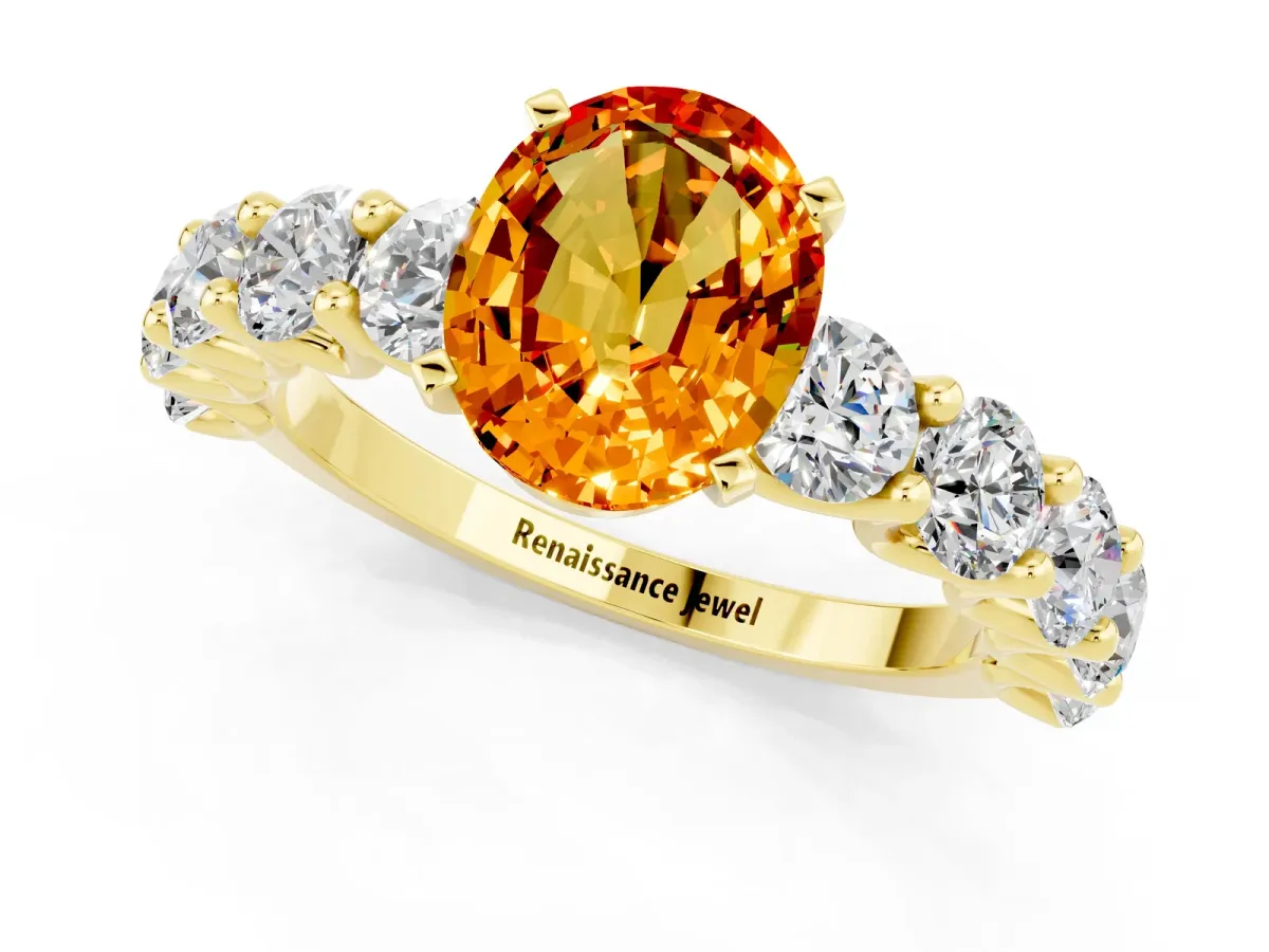 Oval Cut Citrine Prong Setting with Side Stones on a Pave Band Yellow gold