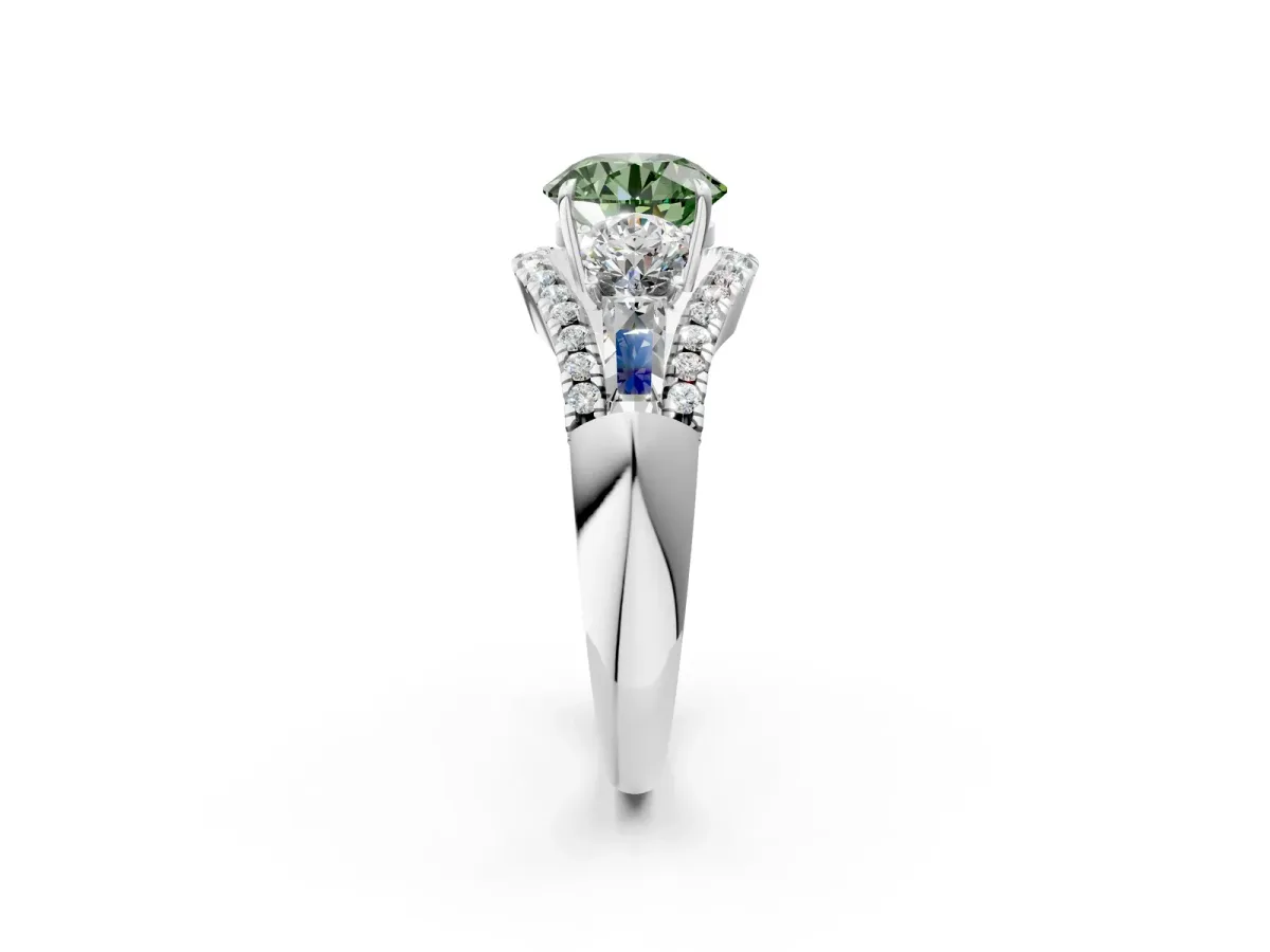 Fancy Green Three-Stone Round Cut Diamond Engagement Ring with Pave Band and Prong Setting Platinum