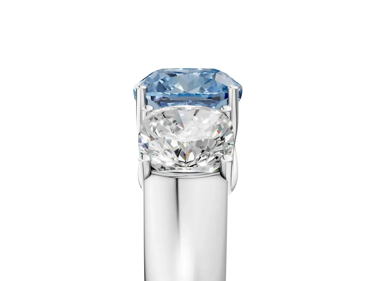 Fancy Blue Three-Stone Cushion Cut Cut Diamond Ring with Prong Setting and Classic Band White gold