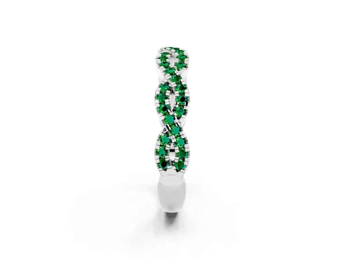 Round Emerald Twisted Eternity Band with Pavé and Shared Prong Setting Platinum