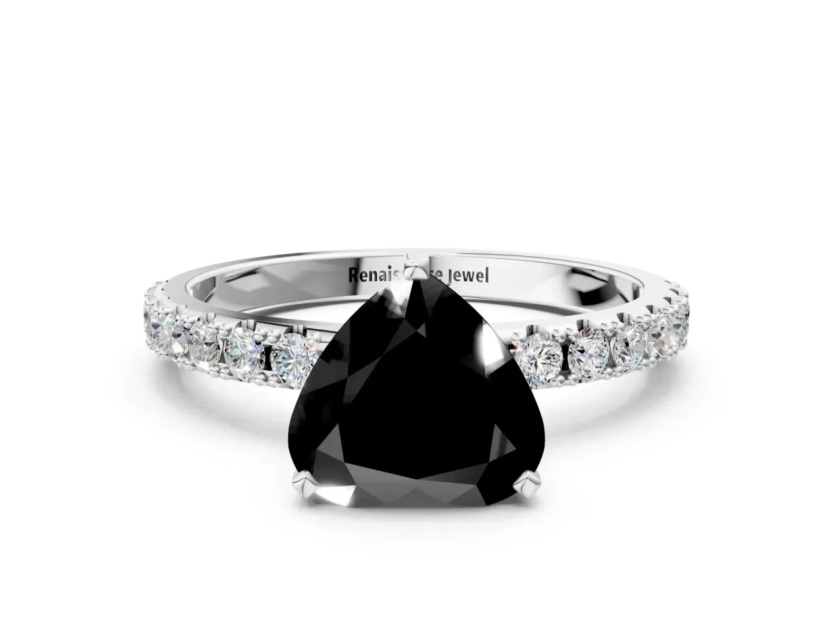 Fancy Black Heart Cut Diamond Solitaire Pavé Band with Four-Prong Setting Silver
