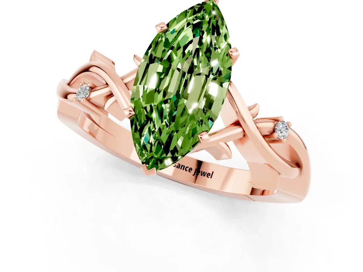 Marquise Cut Peridot Solitaire Ring with Twisted Band and Prong Setting Rose gold