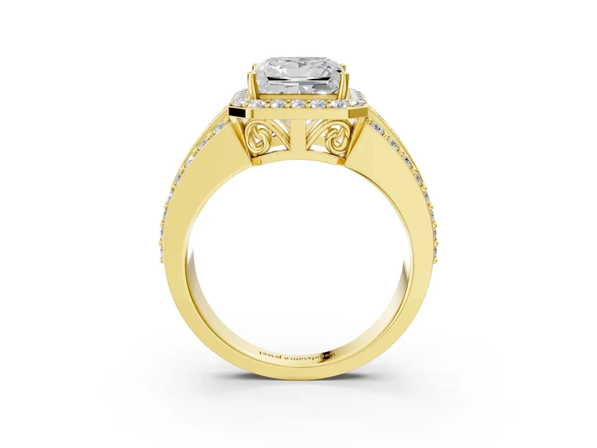 Princess Cut Halo Diamond Ring with Round Split Shank and Prong Setting Yellow gold
