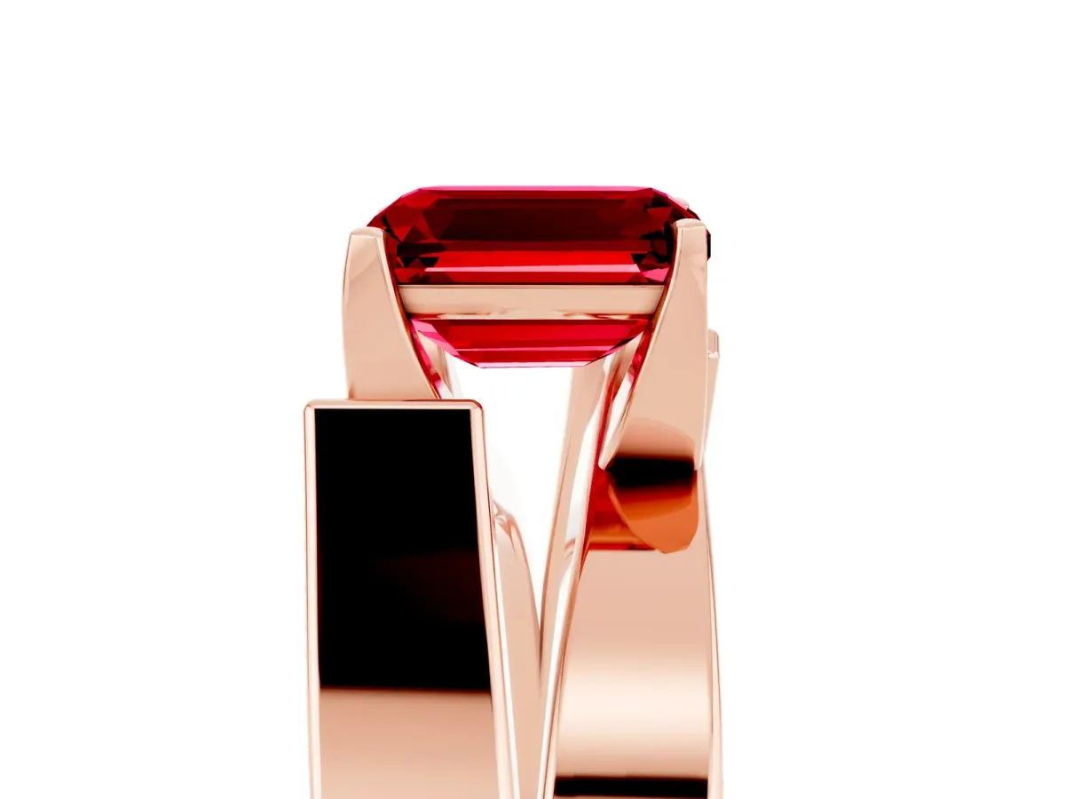 Modern Tension Set Emerald Cut Ruby Solitaire Wide Band Ring Rose gold