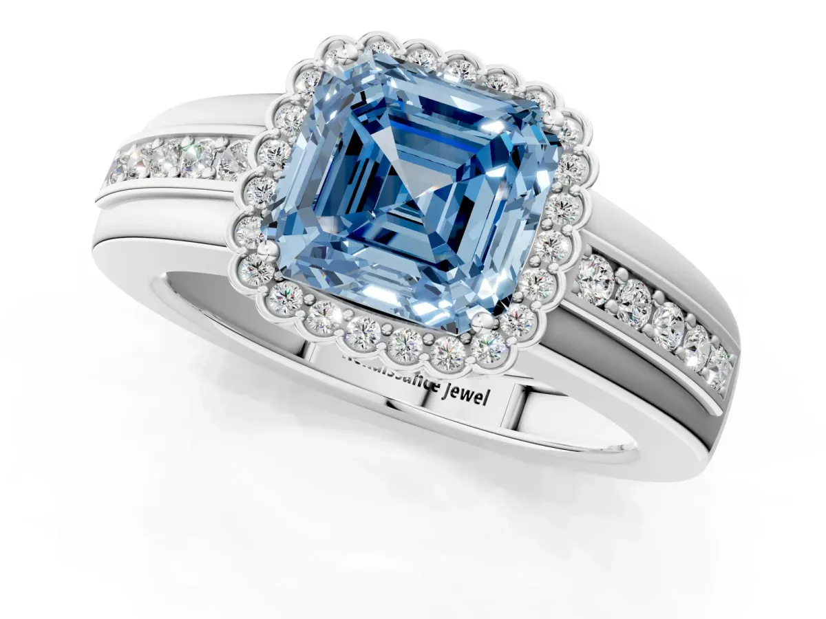 Fancy Blue Asscher Cut Cut Halo Pave Band Four-Prong Ring Platinum