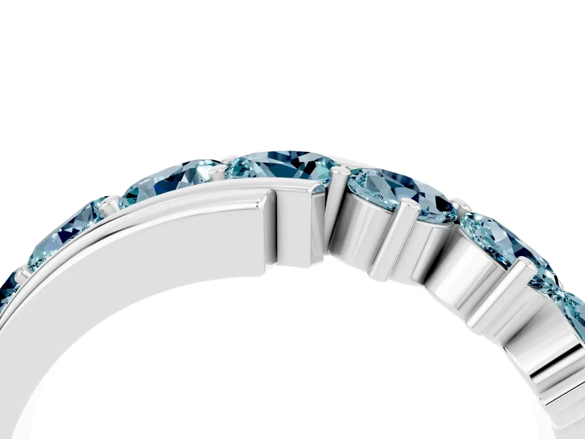 Round Aquamarine Wave Band with Channel and Shared Prong Setting Platinum