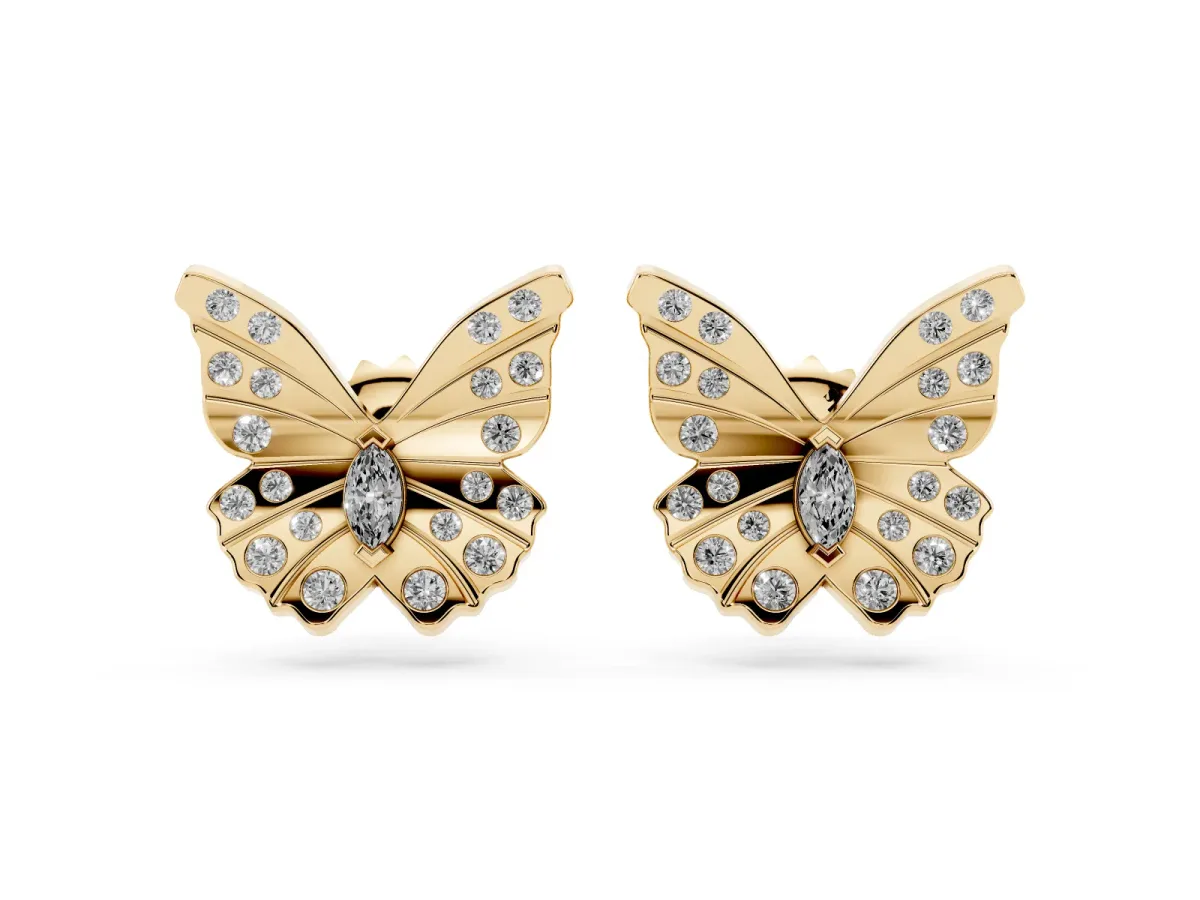 Round and Marquise Diamond Flutter Butterfly Stud Earrings Yellow gold