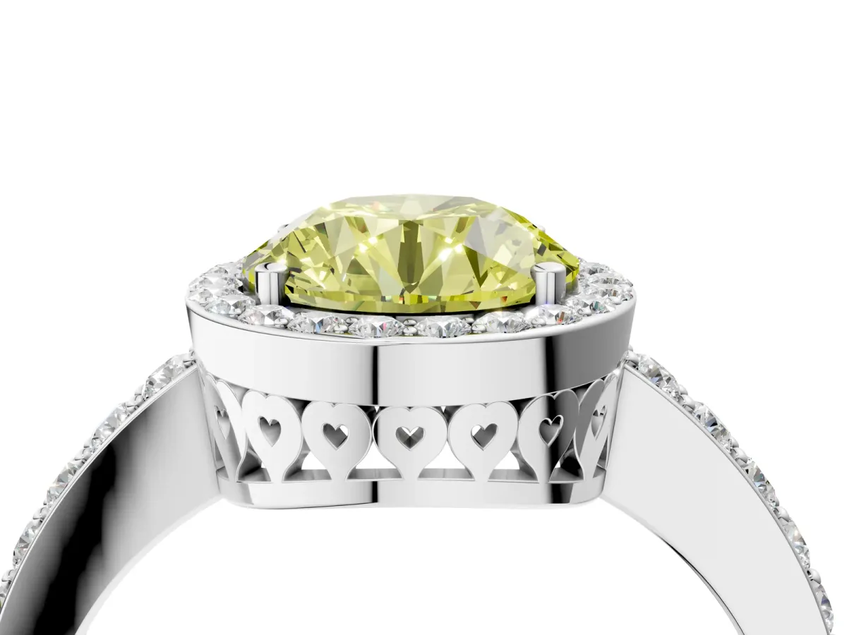 Fancy Yellow Round Cut Halo Diamond Pavé Band Ring with Prong Setting Platinum