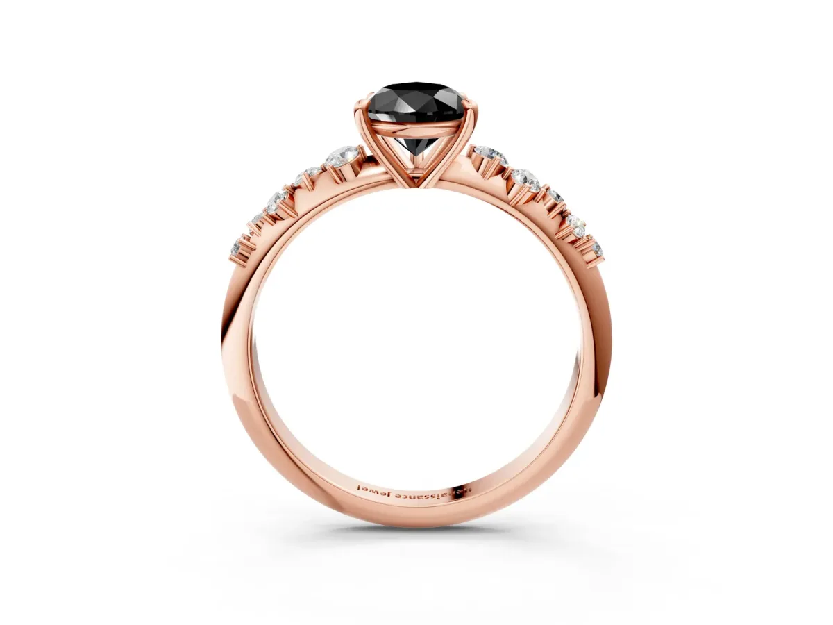 Fancy Black Pear Cut Diamond Cluster Side Stone Solitaire Ring with Prong Setting Rose gold