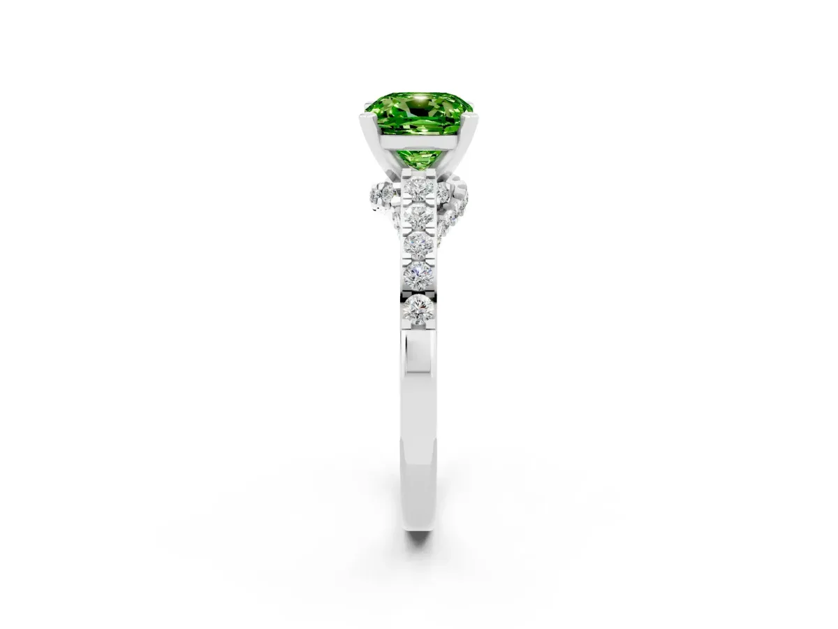 Cushion Cut Peridot Solitaire Ring with Crossover Gallery and Round Pavé Band Silver