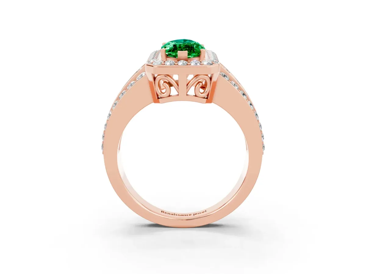Marquise Cut Halo Emerald Ring with Round Split Shank and Prong Setting Rose gold