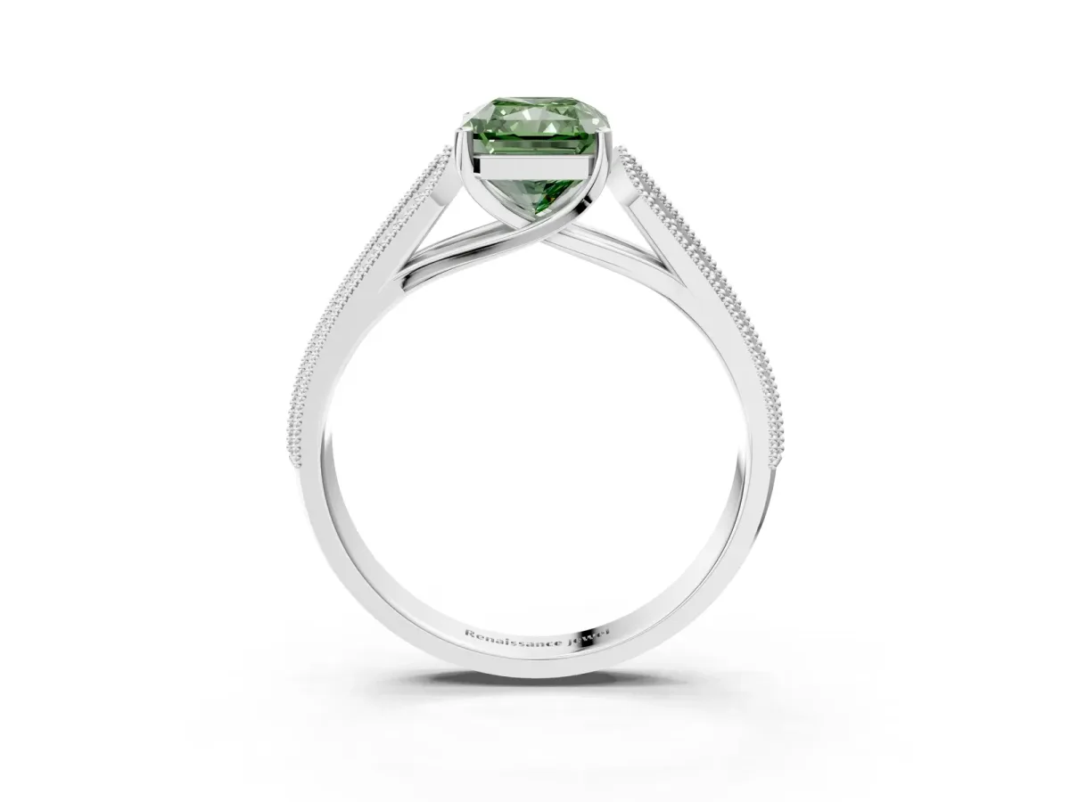 Fancy Green Radiant Cut Cut Pave Split Shank Engagement Ring with Four-Prong Setting Platinum