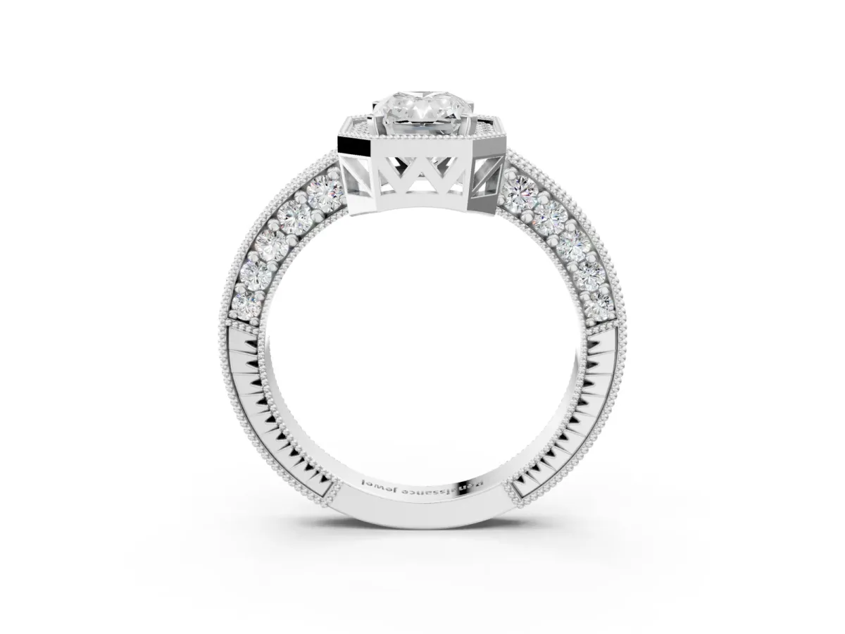 Radiant Cut Cut Halo Diamond Pave Band Ring with Four-Prong Setting Platinum