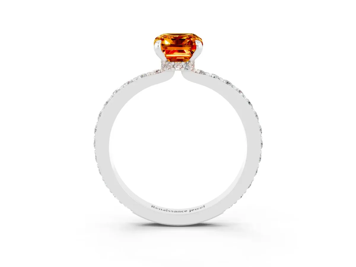 Emerald Cut Citrine Solitaire Engagement Ring with Pavé Band and Four-Prong Setting Silver