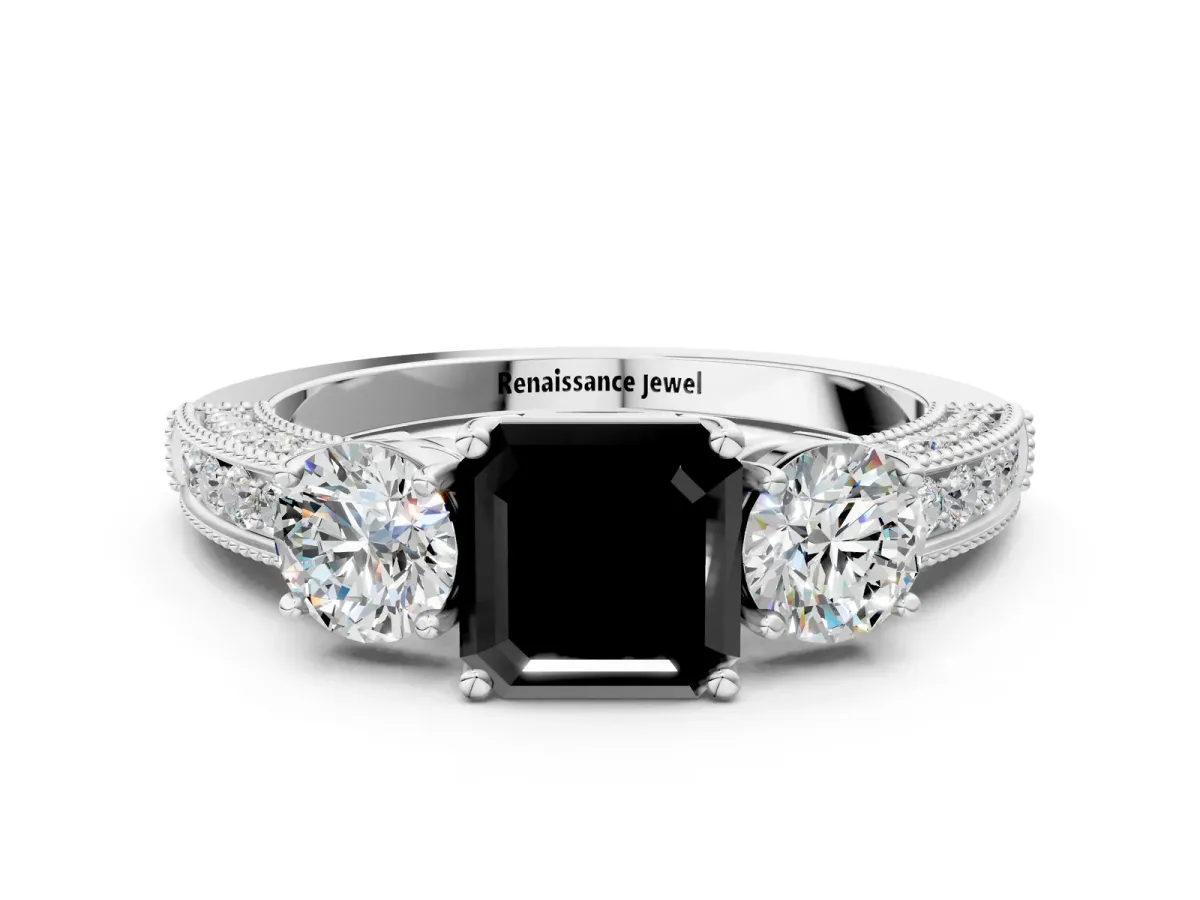 Fancy Black Asscher Cut Three-Stone Diamond Ring with Pavé Band and Four-Prong Setting Platinum
