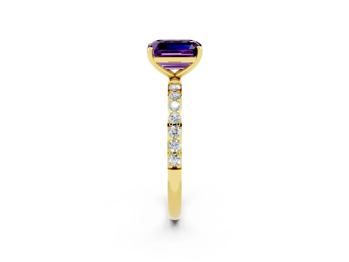 Emerald Cut Amethyst Solitaire Ring with Round Pavé Band and Prong Setting Yellow gold