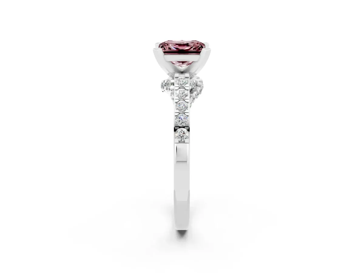 Princess Cut Morganite Solitaire Ring with Crossover Gallery and Round Pavé Band Silver