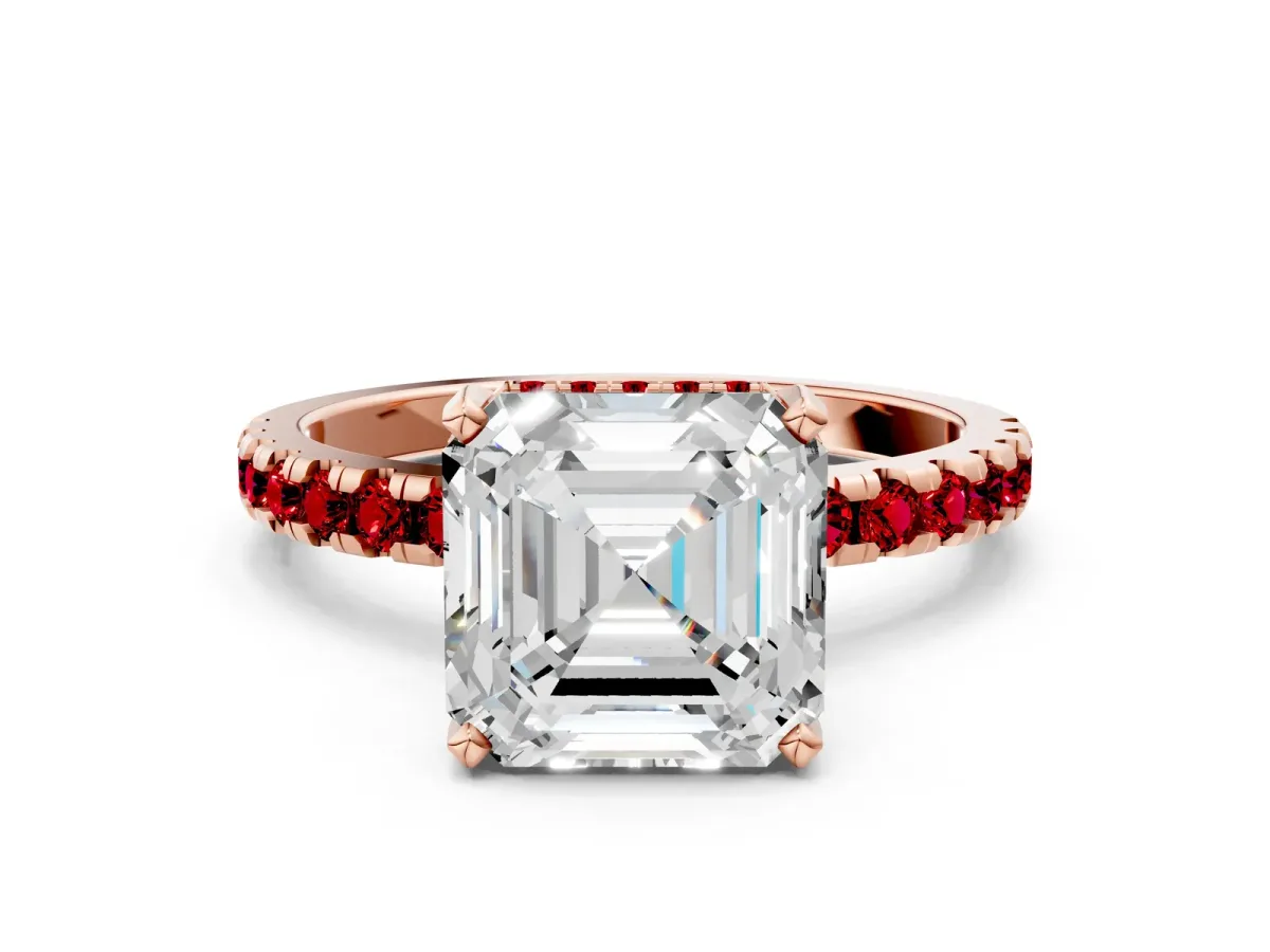 Asscher Cut Diamond Solitaire Ring with Round Ruby Pavé Band and Four-Prong Setting Rose gold