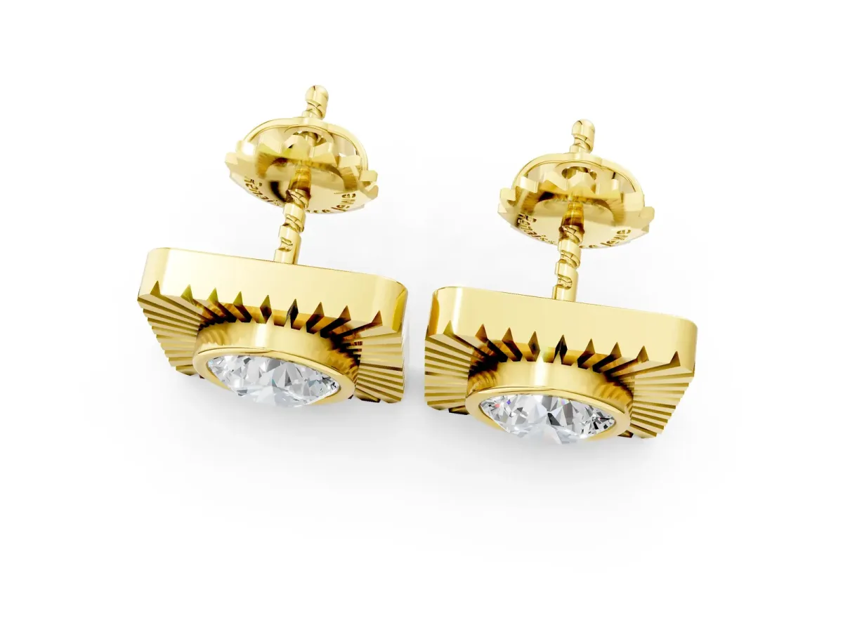 Round Diamond Sunburst Square Stud Earrings Yellow gold