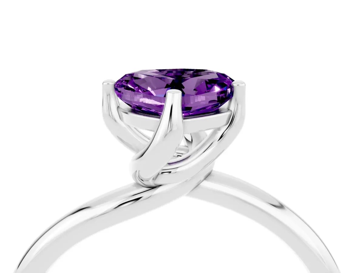 Heart Cut Amethyst Solitaire Engagement Ring with Four-Prong Setting and Classic Band Silver