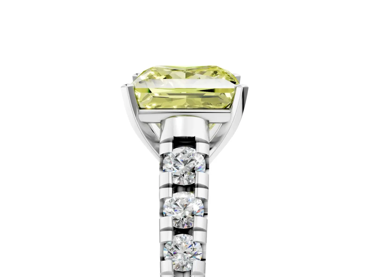 Fancy Yellow Princess Cut Diamond Cathedral Solitaire Ring with Round Pavé Band Silver