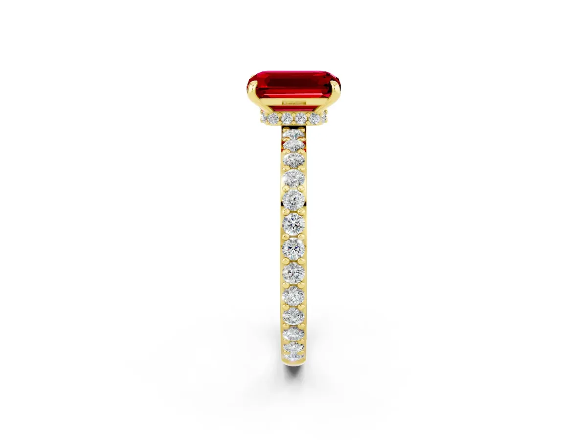 Emerald Cut Ruby Solitaire Engagement Ring with Pavé Band and Four-Prong Setting Yellow gold