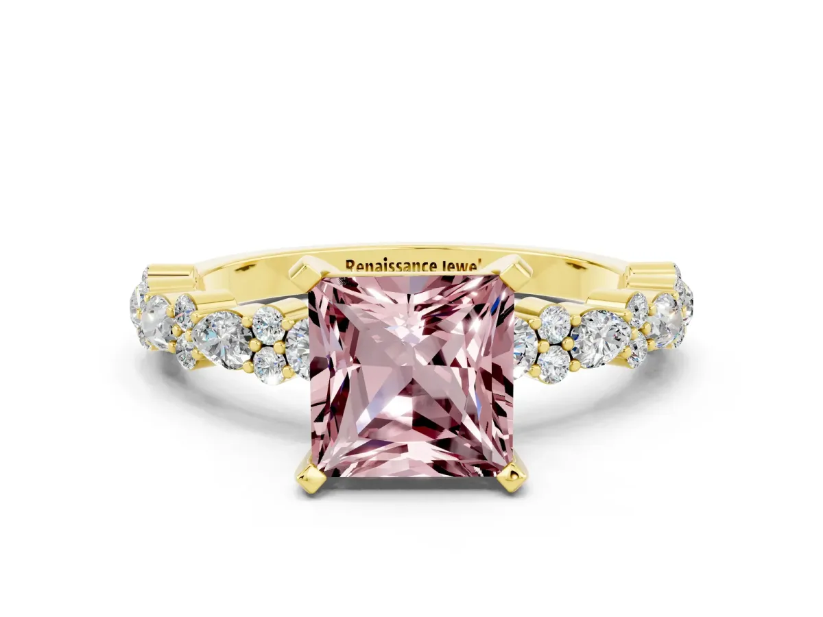 Princess Cut Morganite Side Stone Solitaire Ring with Round and Four-Prong Setting Yellow gold