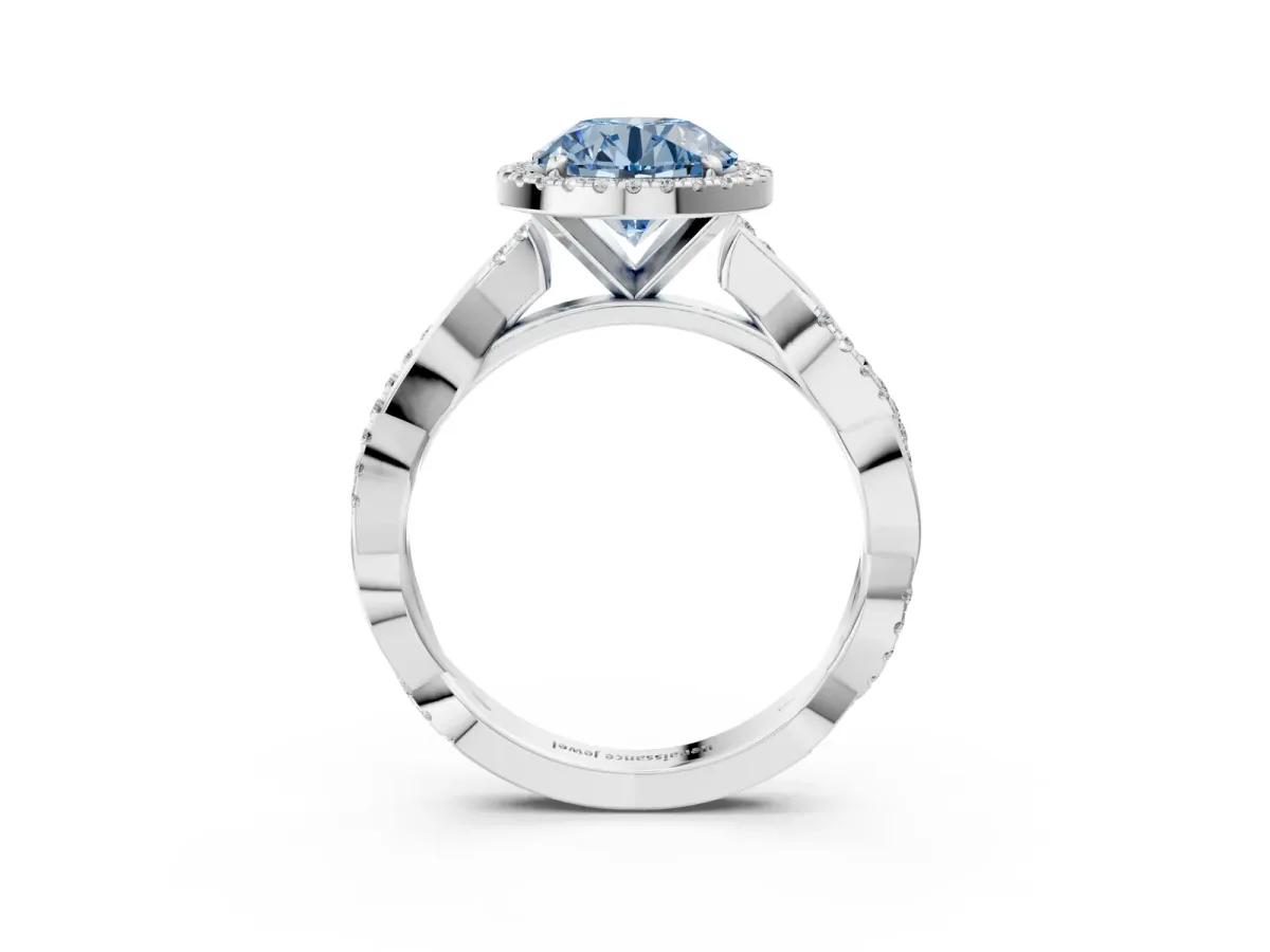 Fancy Blue Round Cut Cut Halo Twisted Band Four-Prong Ring Platinum