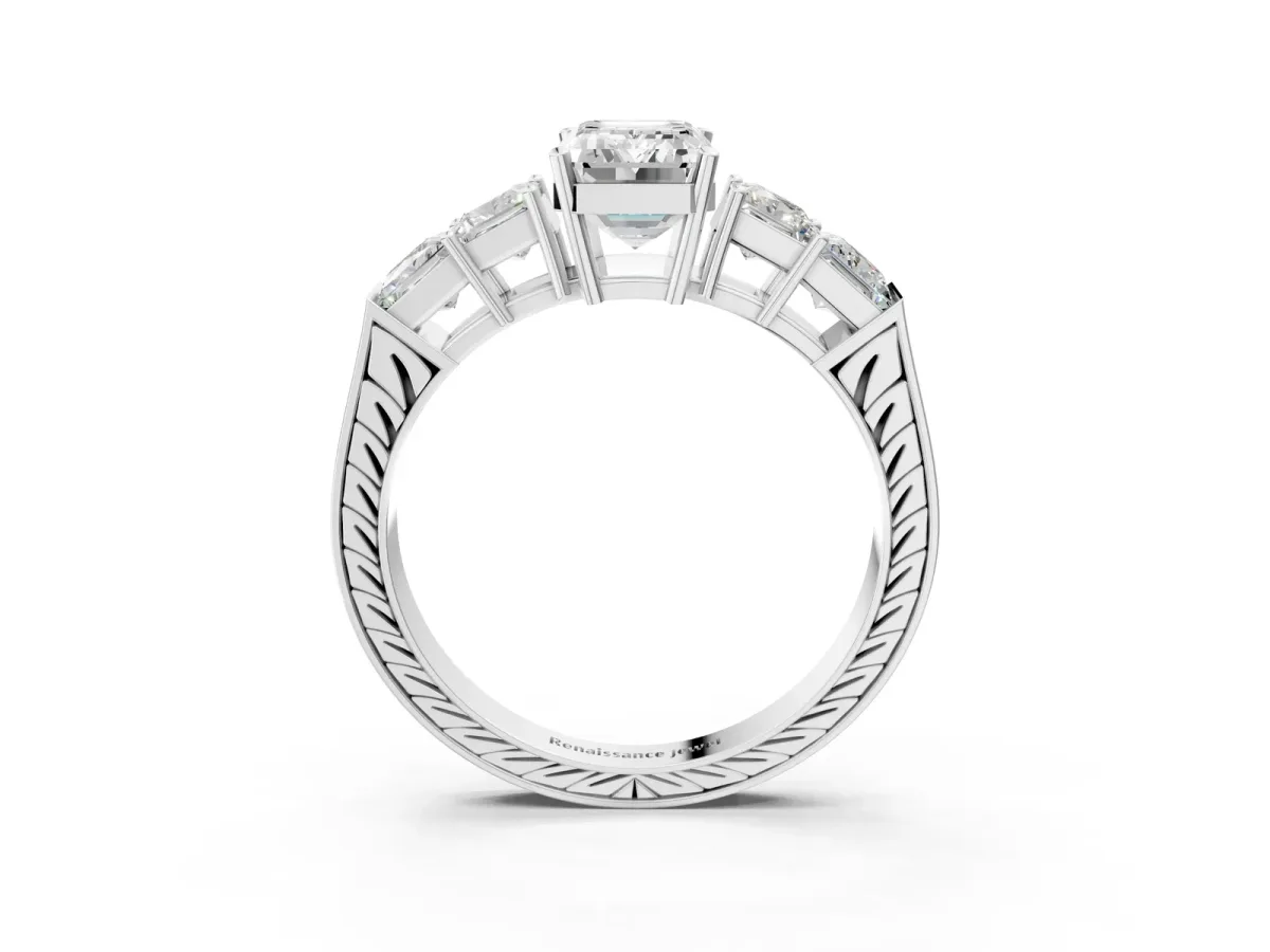 Emerald Cut Solitaire Princess Side Stone Engraved Band Prong Setting Ring Platinum