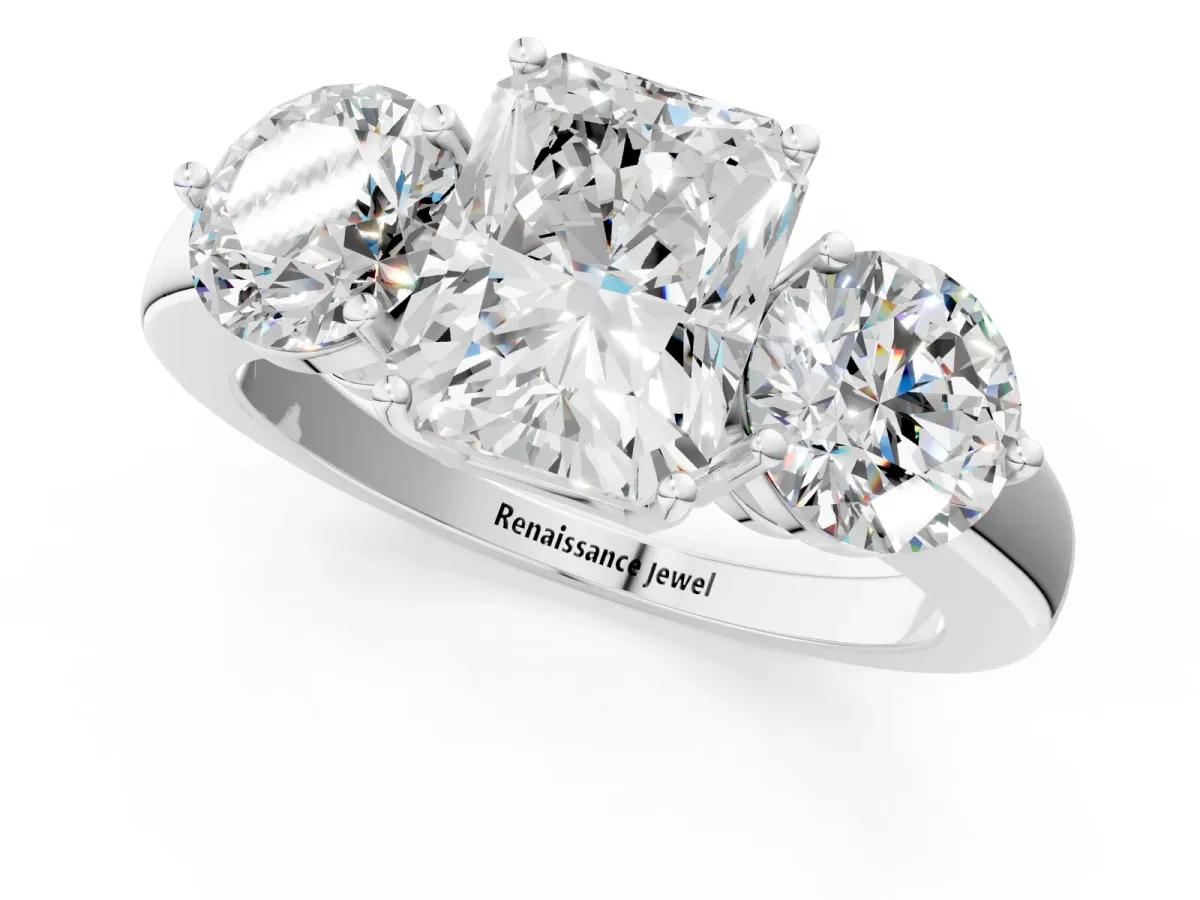 Radiant Cut Diamond Three-Stone Ring with Prong Setting and Classic Band Platinum