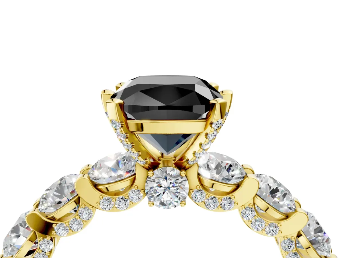 Fancy Black Cushion Cut Diamond Side Stone Engagement Ring with Four-Prong Setting Yellow gold