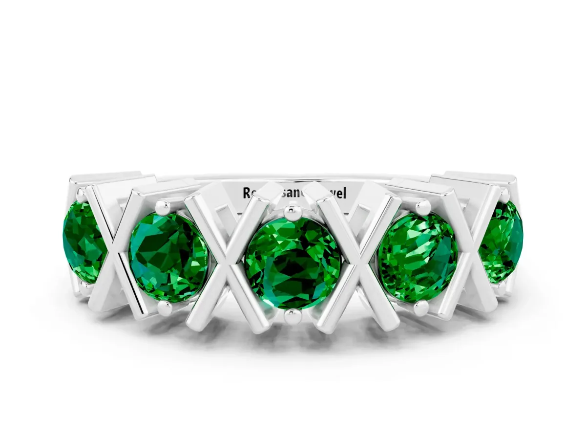 Round Emerald Channel Set Band with X-Prong Detail Silver