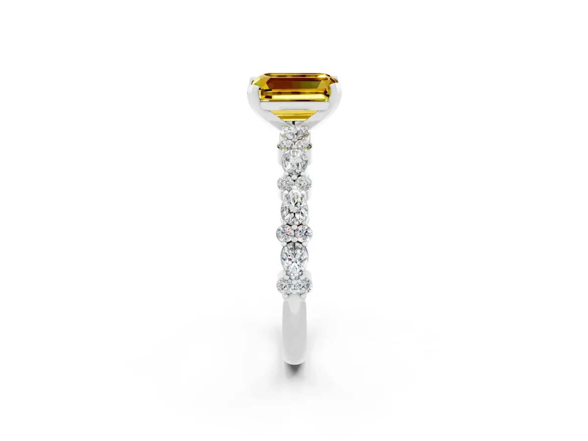 Emerald Cut Yellow Sapphire Side Stone Solitaire Ring with Round and Four-Prong Setting White gold