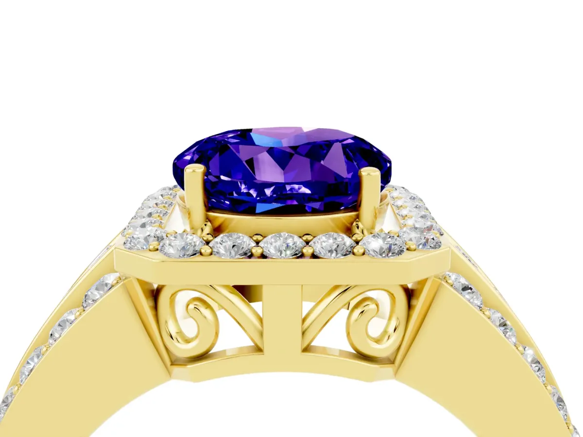 Round Cut Halo Tanzanite Ring with Round Split Shank and Prong Setting Yellow gold