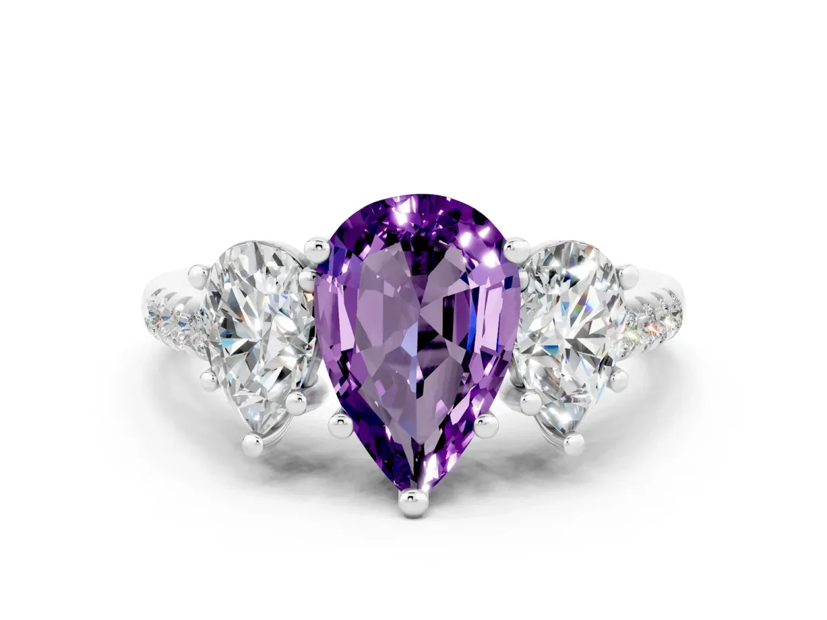 Three-Stone Pear Cut Amethyst Ring with Round Pavé Band and Prong Setting Platinum