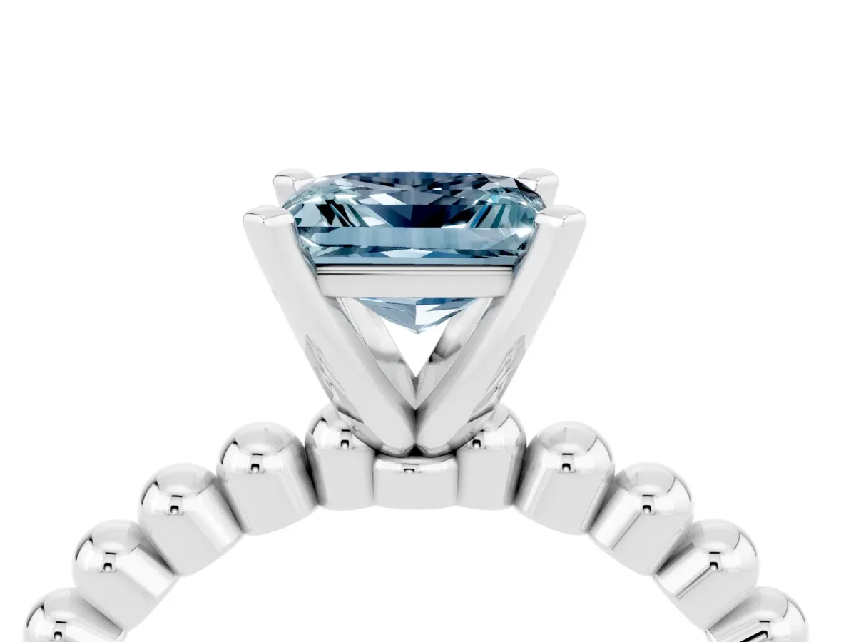 Princess Cut Aquamarine Solitaire Ring with Beaded Band and Prong Setting Silver