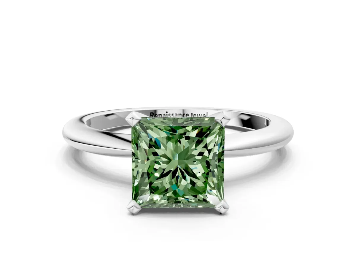 Fancy Green Princess Cut Diamond Solitaire Ring with Six-Prong Setting and Classic Band Silver